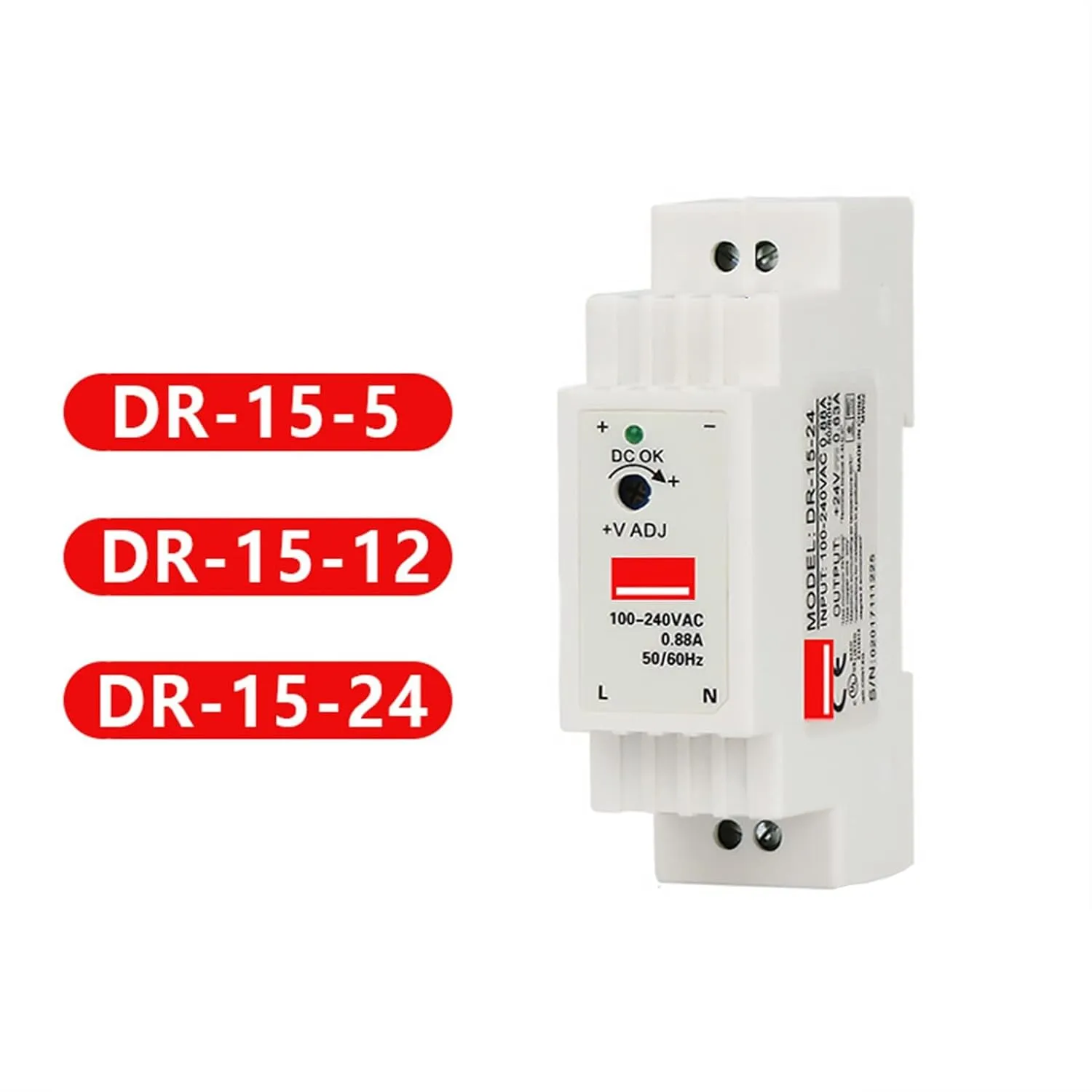 Industrial DIN Rail Switching Power Supply DR-15 15W Single Output 5V 12V 24V AC to DC Converter Power Switch Input 110/240VAC(15W 24V)