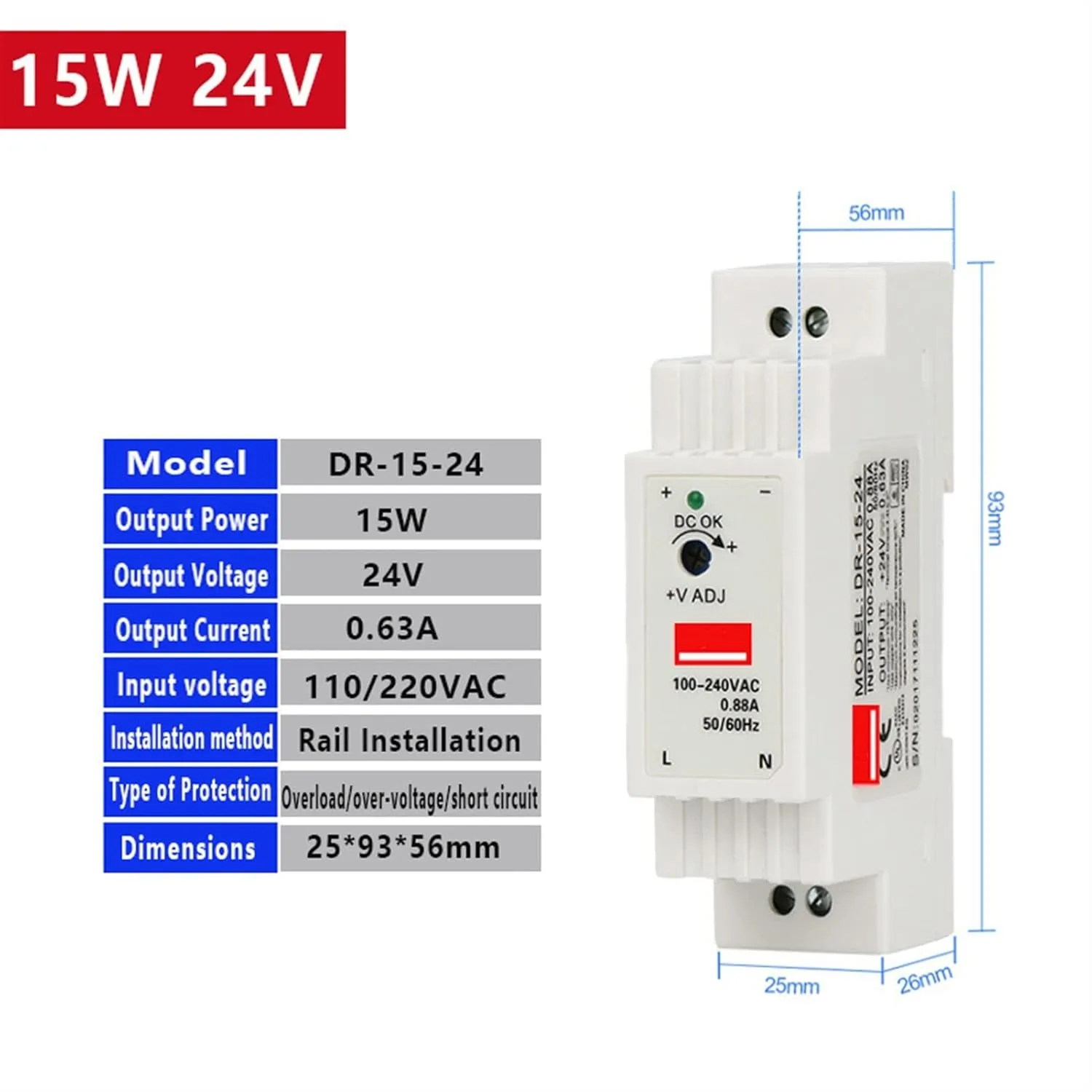 Industrial DIN Rail Switching Power Supply DR-15 15W Single Output 5V 12V 24V AC to DC Converter Power Switch Input 110/240VAC(15W 24V)