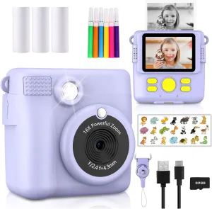 Instant Print Camera for Kids,Christmas Birthday Gifts for Age 3-12 Girls Boys，1080P HD Digital Video Cameras for Toddler,Kids Portable Toy with 3 Rolls Photo Paper，32GB Card-Purple