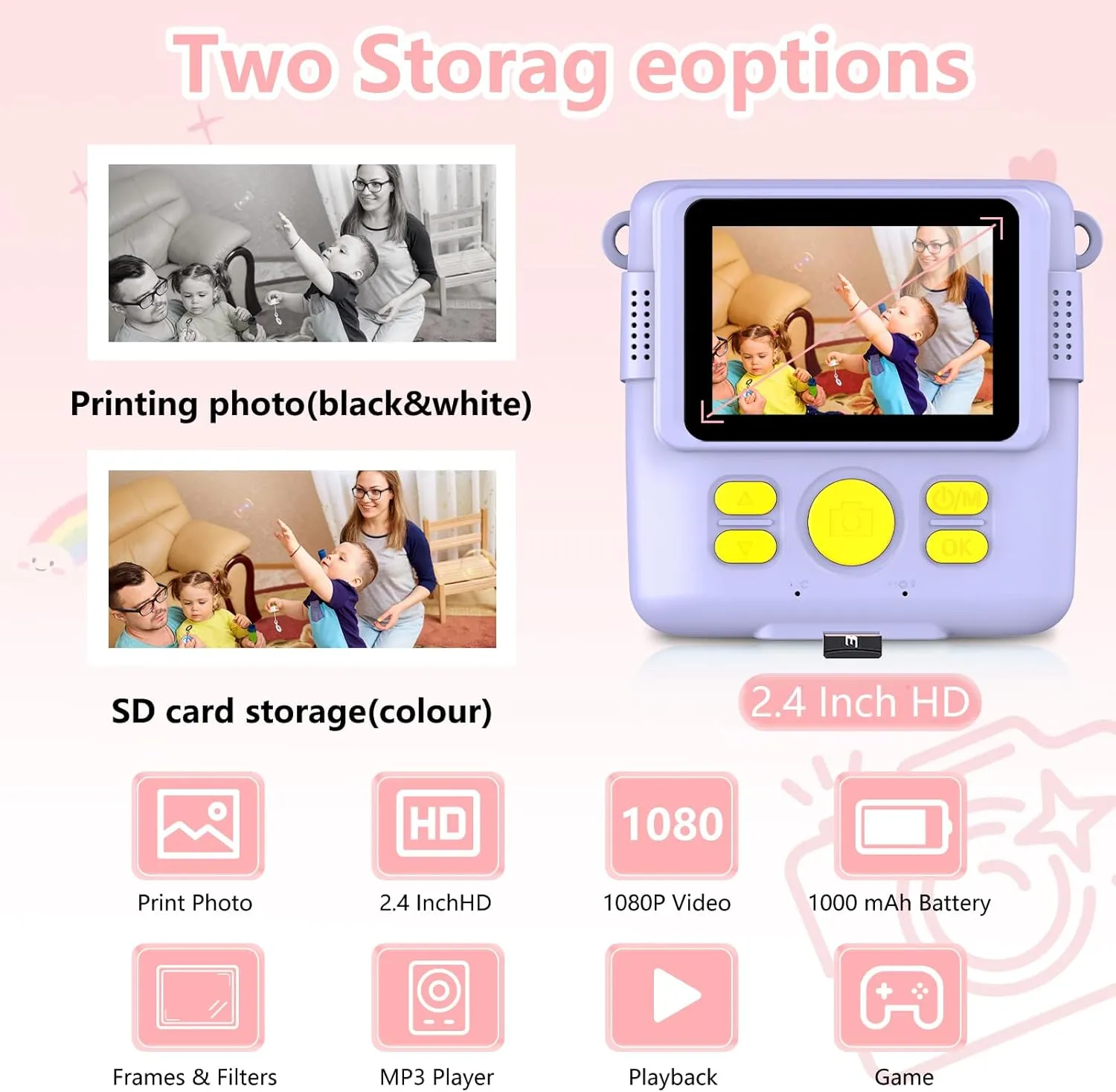 Instant Print Camera for Kids,Christmas Birthday Gifts for Age 3-12 Girls Boys，1080P HD Digital Video Cameras for Toddler,Kids Portable Toy with 3 Rolls Photo Paper，32GB Card-Purple