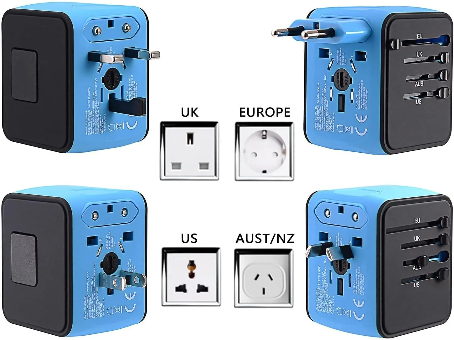 International Travel Adapter Universal Power Adapter Worldwide All in One 4 USB-A Ports Perfect for European US, EU, UK, AU 200  Countries (Blue)
