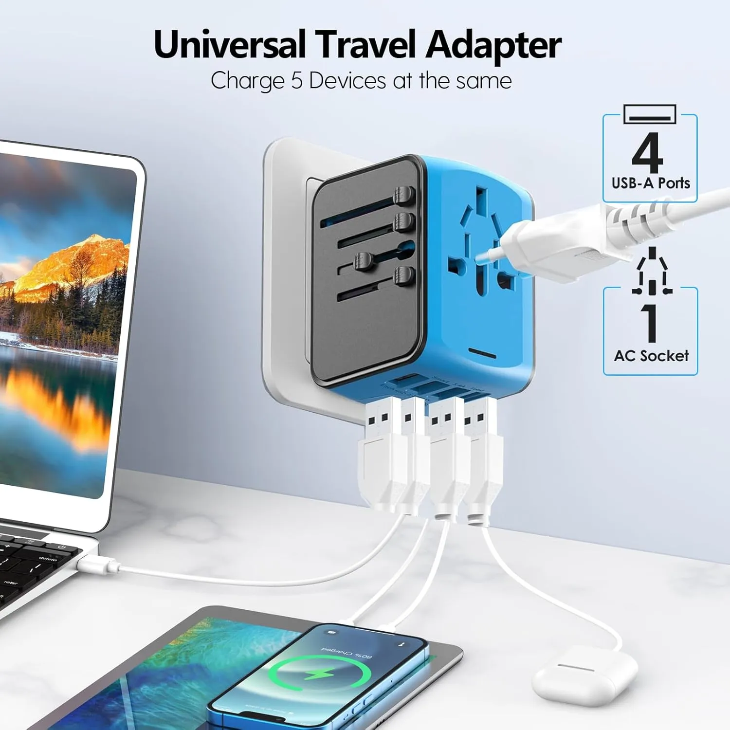 International Travel Adapter Universal Power Adapter Worldwide All in One 4 USB-A Ports Perfect for European US, EU, UK, AU 200  Countries (Blue)
