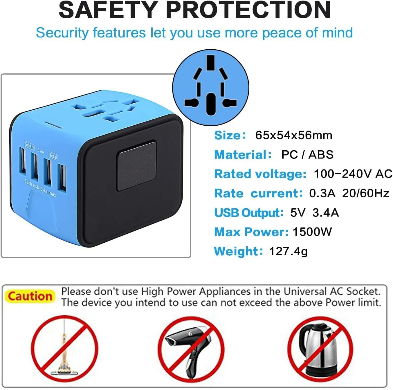 International Travel Adapter Universal Power Adapter Worldwide All in One 4 USB-A Ports Perfect for European US, EU, UK, AU 200  Countries (Blue)