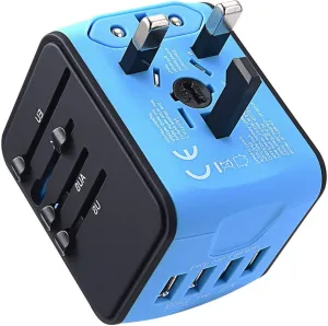 International Travel Adapter Universal Power Adapter Worldwide All in One 4 USB-A Ports Perfect for European US, EU, UK, AU 200  Countries (Blue)