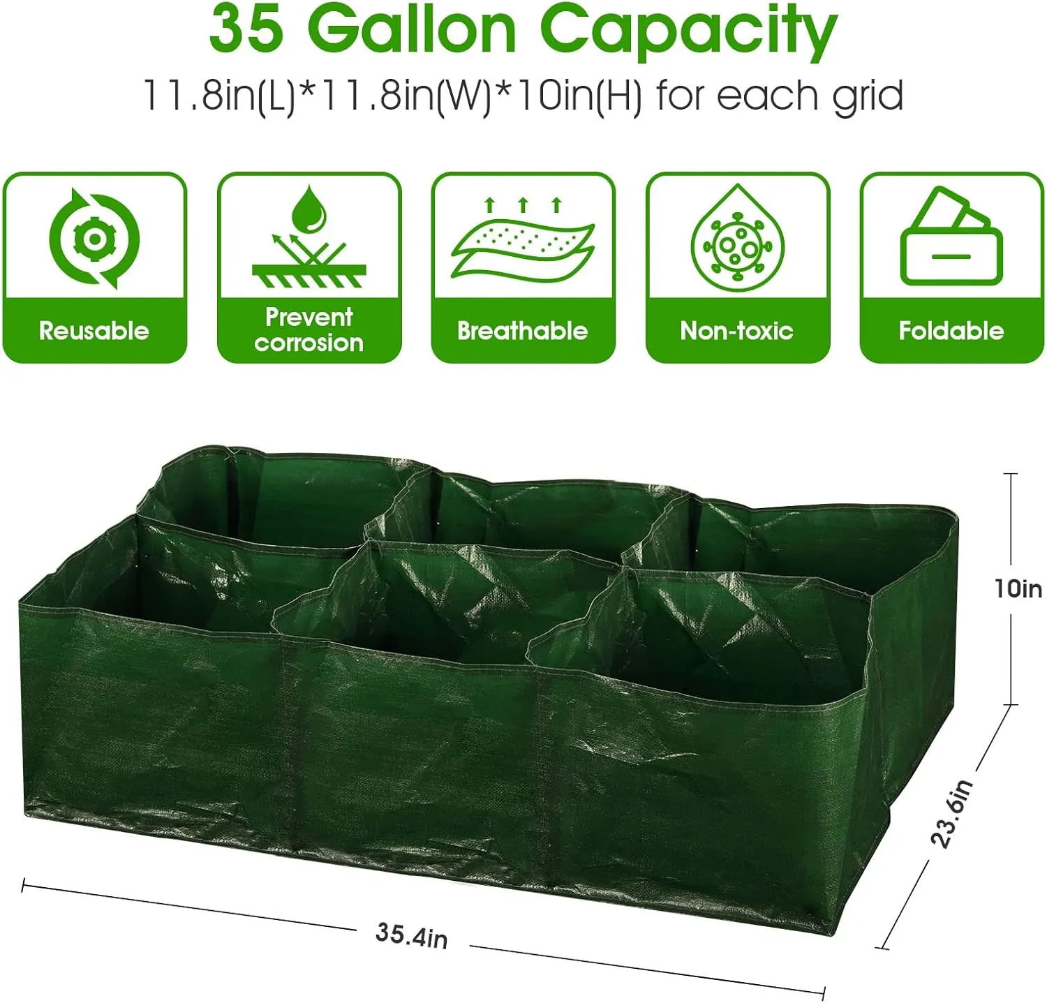 iPower PE Garden Planting Bed 35-Gallon Heavy Duty Plastic Raised Plant Grow Bag with 6 Partition Grids Potato Tomato Rectangle Planter Pots Containers, for Vegetables, Fruits, Flowers, 4 Packs