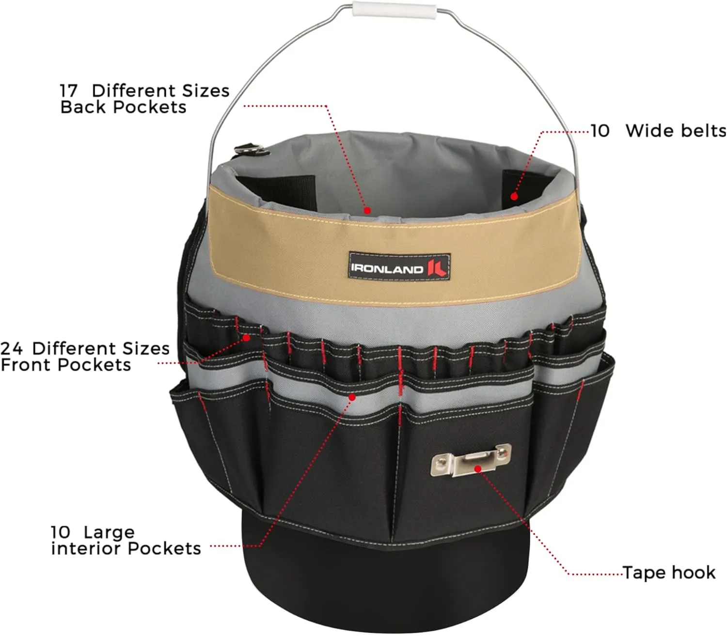 IRONLAND Bucket Tool Organizer Fit 3.5-5 Gallon Bucket, 51 Pockets, Bucket Tool Caddy Organization for Garden, Construction, Carpenter, Electrician, Builder Kah & Black