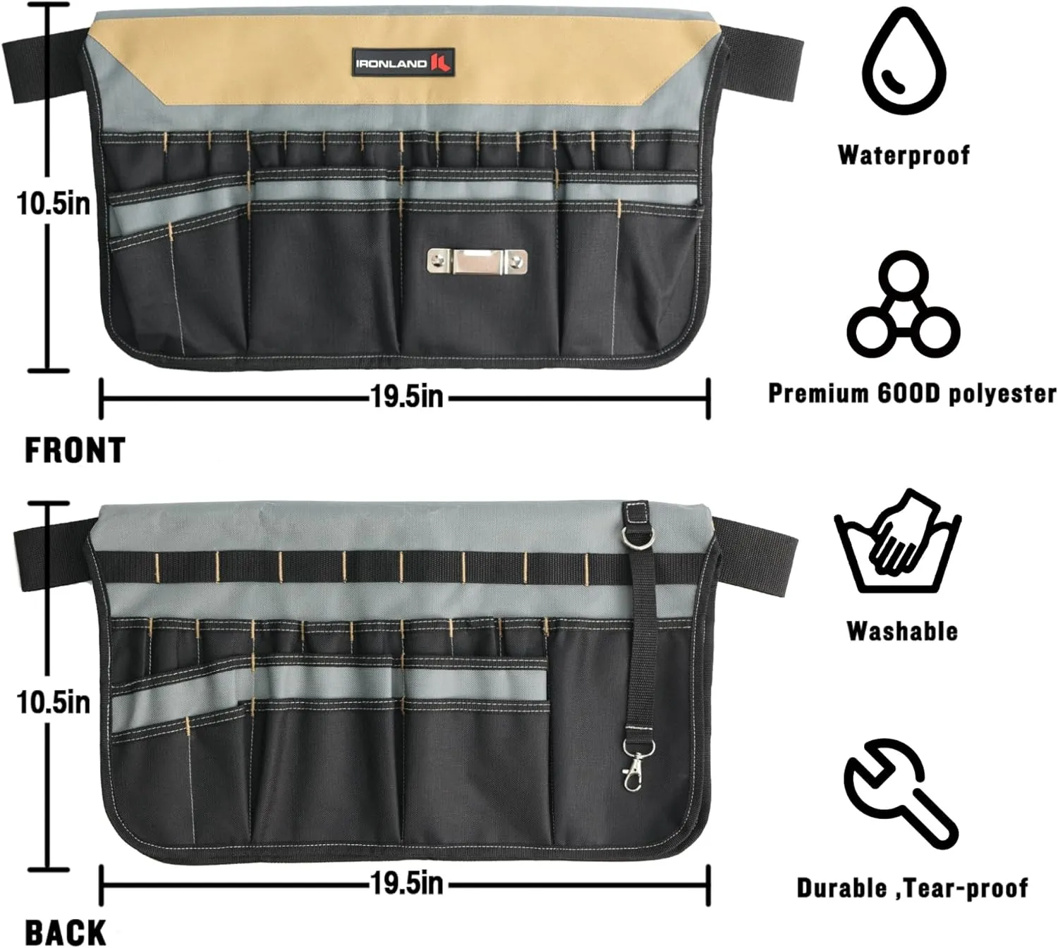 IRONLAND Bucket Tool Organizer Fit 3.5-5 Gallon Bucket, 51 Pockets, Bucket Tool Caddy Organization for Garden, Construction, Carpenter, Electrician, Builder Kah & Black