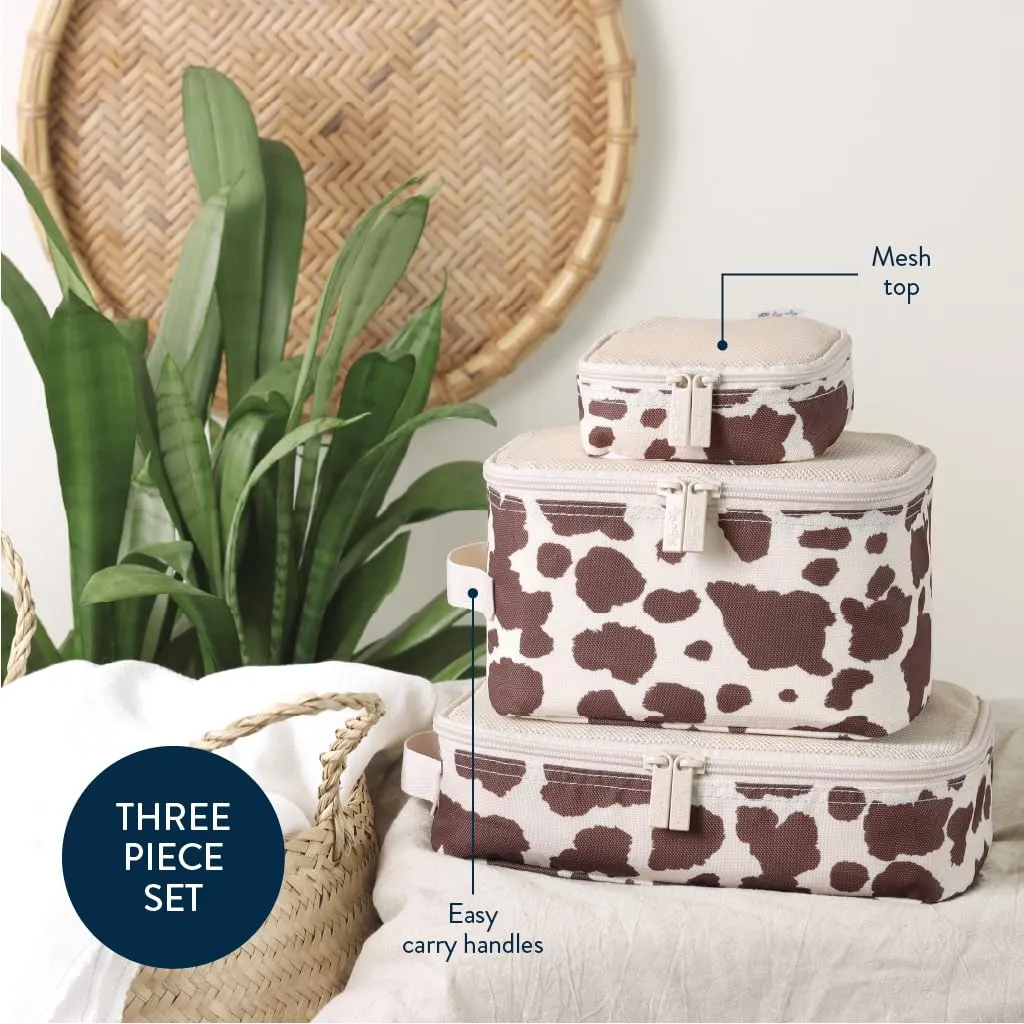 Itzy Ritzy Packing Cubes for Travel Set of 3 Packing Organizers; Each Travel Cube Features a Mesh Top, Double Zippers and a Fabric Handle (Cow Print)