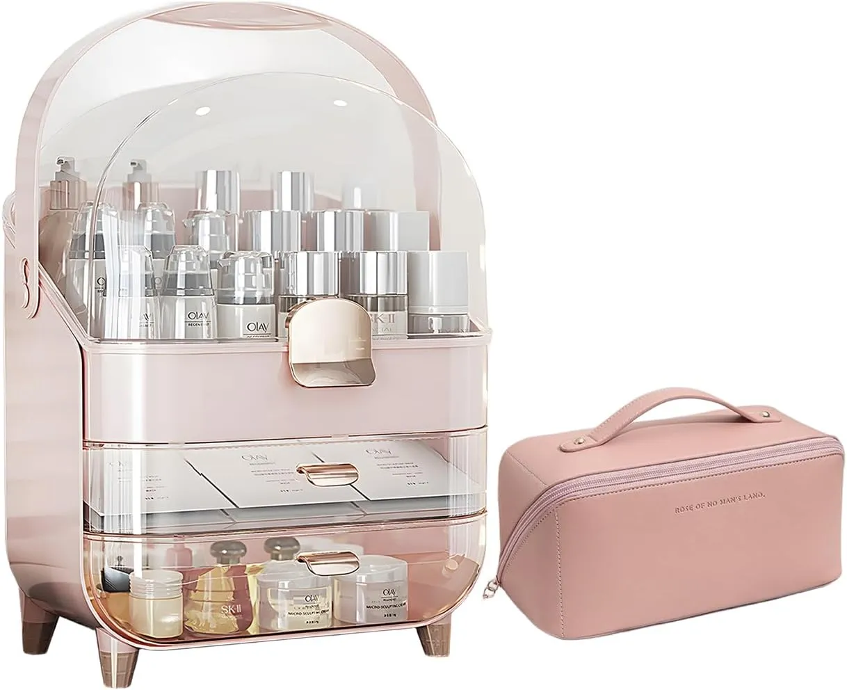 IUI Make up Organizer, 2 Drawer Make up Organizers for Vanity, DustProof Skincare Organizers with Lid, Large Cosmetic Display Cases for Vanity, Bathroom, Countertop, Gifts for Women Girls, Pink