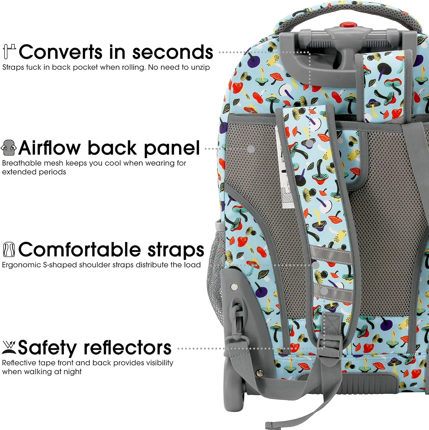 J World New York Sundance Rolling Backpack Girl Boy Roller Bookbag, Skyshroom, 20 Inch