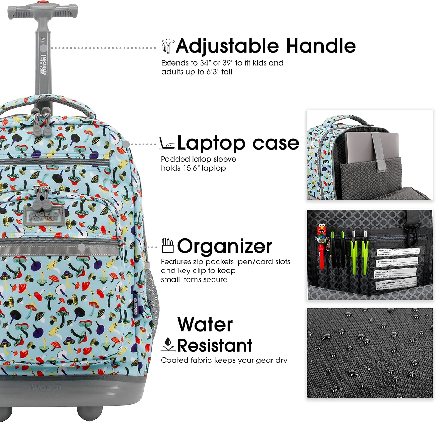 J World New York Sundance Rolling Backpack Girl Boy Roller Bookbag, Skyshroom, 20 Inch