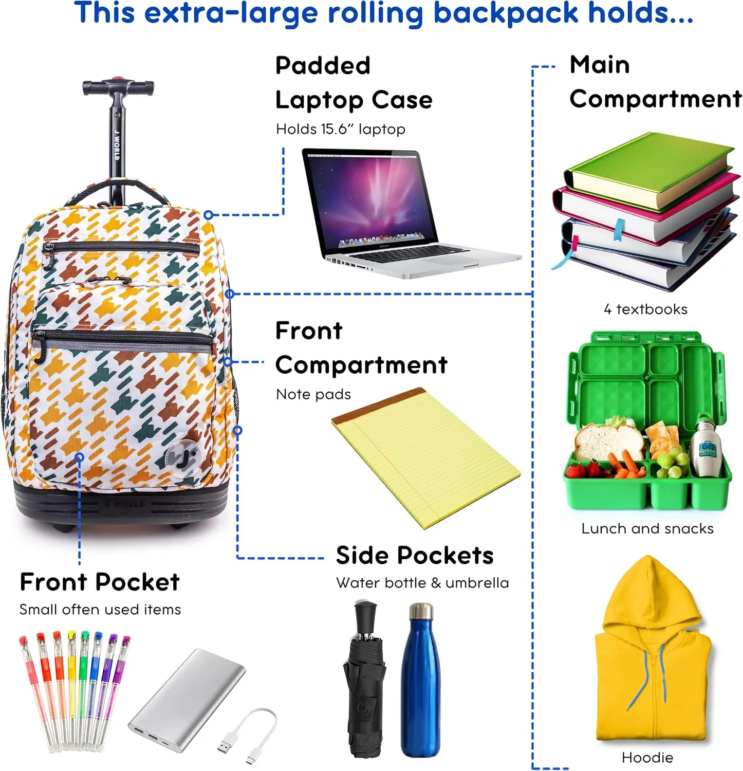 J World New York Sundance Rolling Backpack Girl Boy Roller Bookbag, Vivid Tweed, 20 Inch