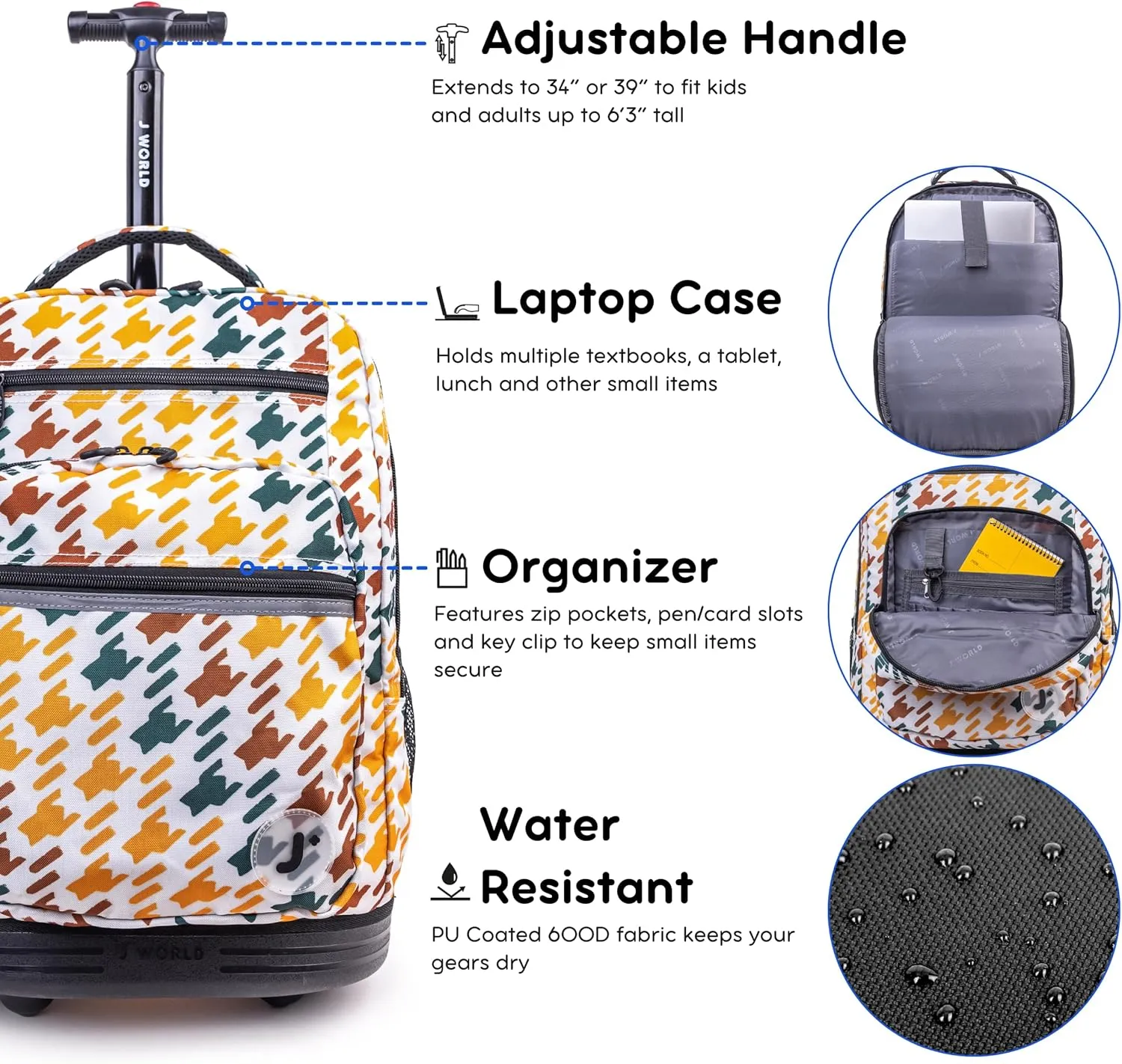 J World New York Sundance Rolling Backpack Girl Boy Roller Bookbag, Vivid Tweed, 20 Inch