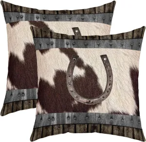 jejeloiu Rustic Western Pillow Cases Cushion Covers 16"x16" Set of 2 Vintage Cowboy Throw Pillow Covers for Kids Cowhide Horseshoes Decorative Throw Pillowcases Horseshoes Vintage Cushion Cases