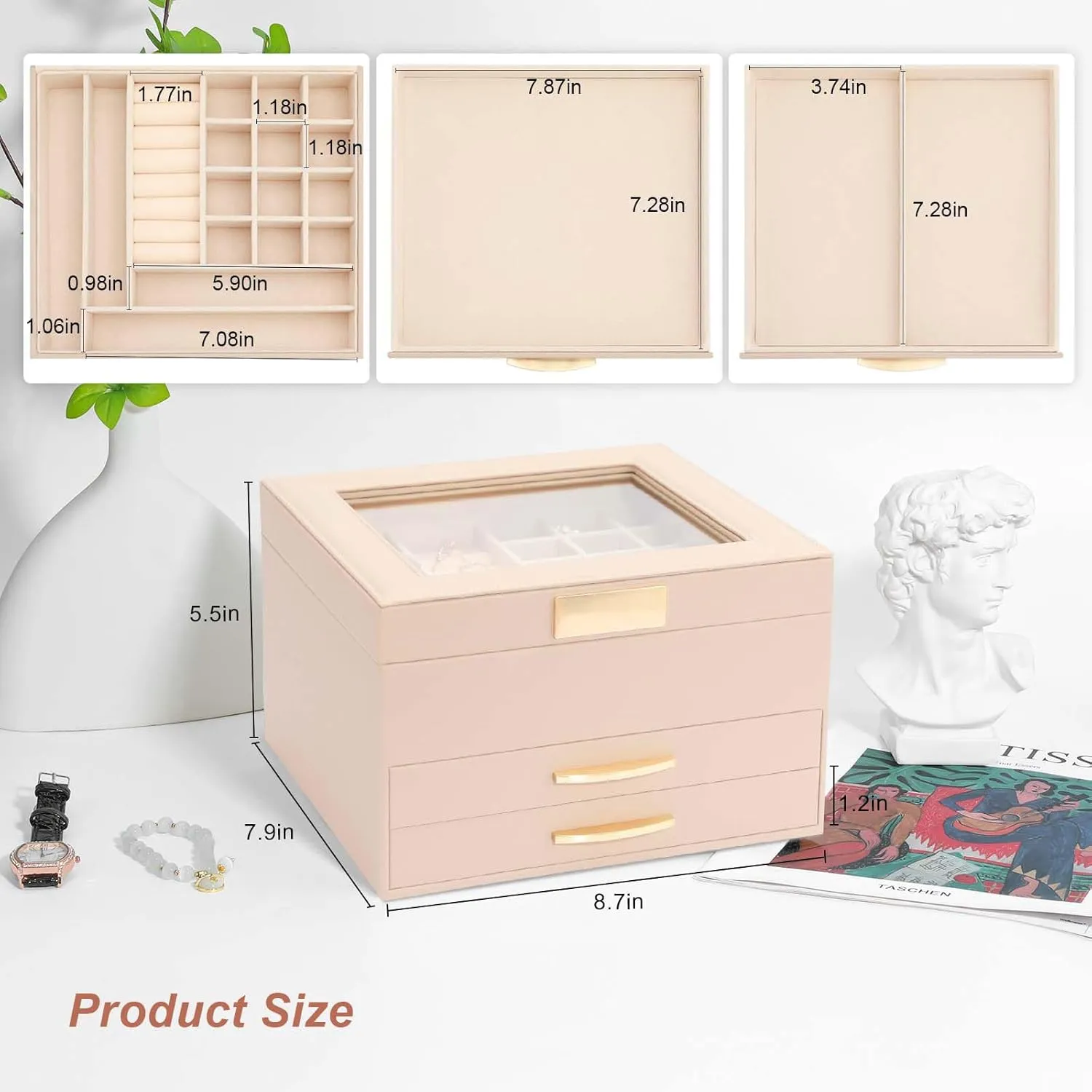 Jewelry Storage Box with Glasses Lid, 3-Tiers Jewelry Organizer Box for Women Girls, Jewelry Case for Rings, Bracelets Earrings, Necklaces (Apricot)