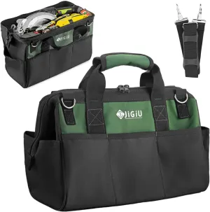 JiGiU Tool Bag, 15-inch Large Tool Storage Bag Electrician Tool Bag with Adjustable Shoulder Straps & 14-Pocket Waterproof Tool Organiser Multifunctional Maintenance Toolbag for Car Home DIY Craftsmen