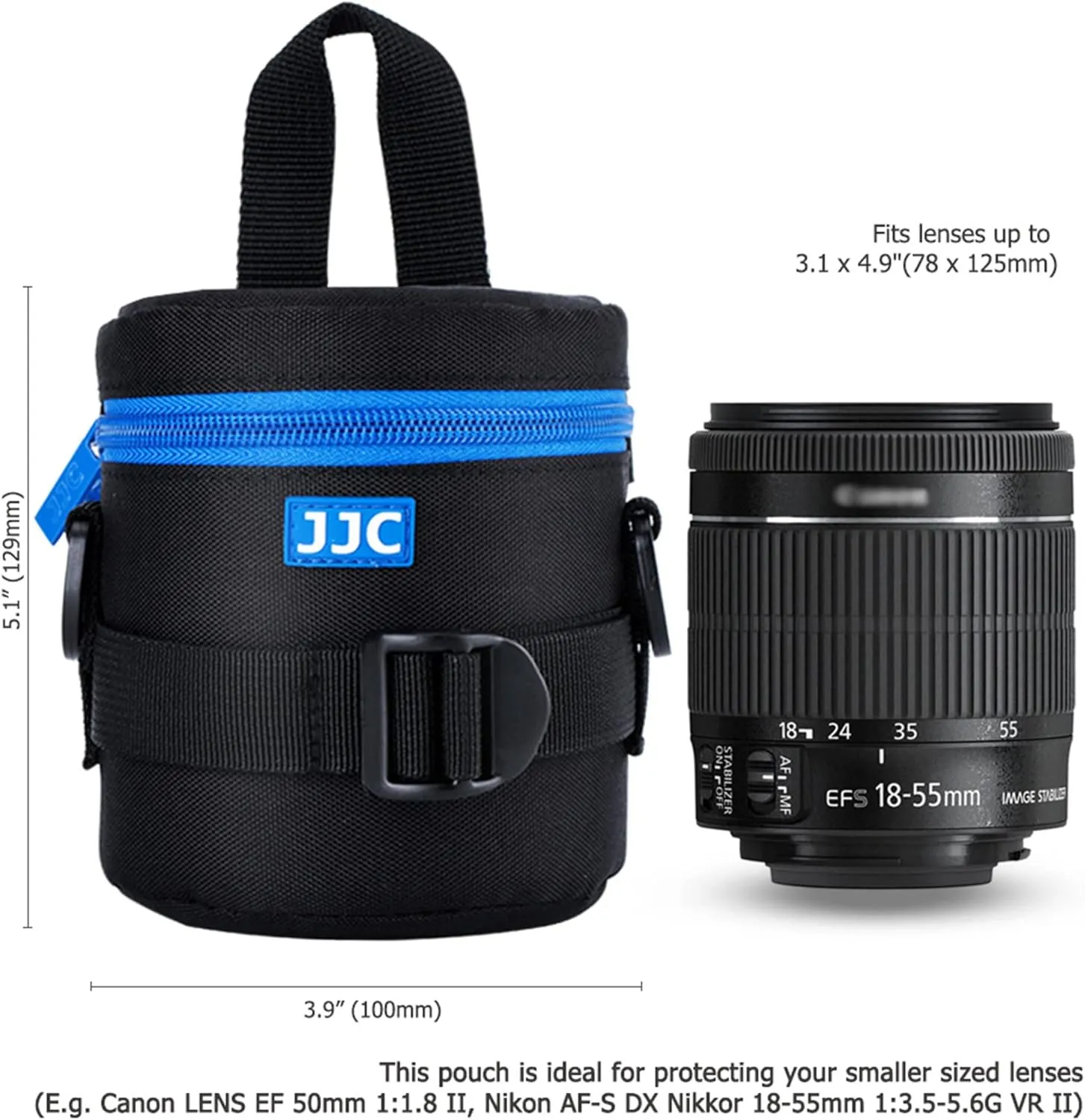 JJC Thick Camera Lens Pouch Case for Canon RF-S 18-150mm f/3.5-6.3 IS STM EF 50mm f/1.8 EF-S 18-55mm II Nikon AF 50mm f1.8D AF-S 50mm f1.8G 18-55mm Fuji XF 23mm 35mm F2 and Lens Size Below 2.95"x3.93"