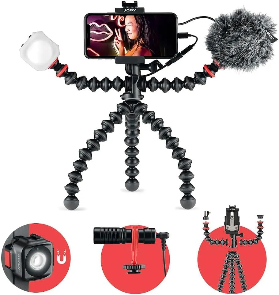 JOBY GorillaPod Mobile Vlogging Kit (Smartphone Rig, Wavo Mobile Mic, Beamo Mini LED Light) Flexible Tripod, Phone Holder, Vlog Microphone, Vlog Light, Vlogging Camera Kit, Content Creator
