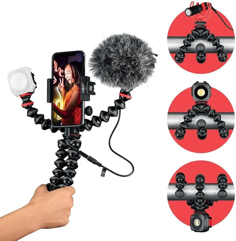 JOBY GorillaPod Mobile Vlogging Kit (Smartphone Rig, Wavo Mobile Mic, Beamo Mini LED Light) Flexible Tripod, Phone Holder, Vlog Microphone, Vlog Light, Vlogging Camera Kit, Content Creator