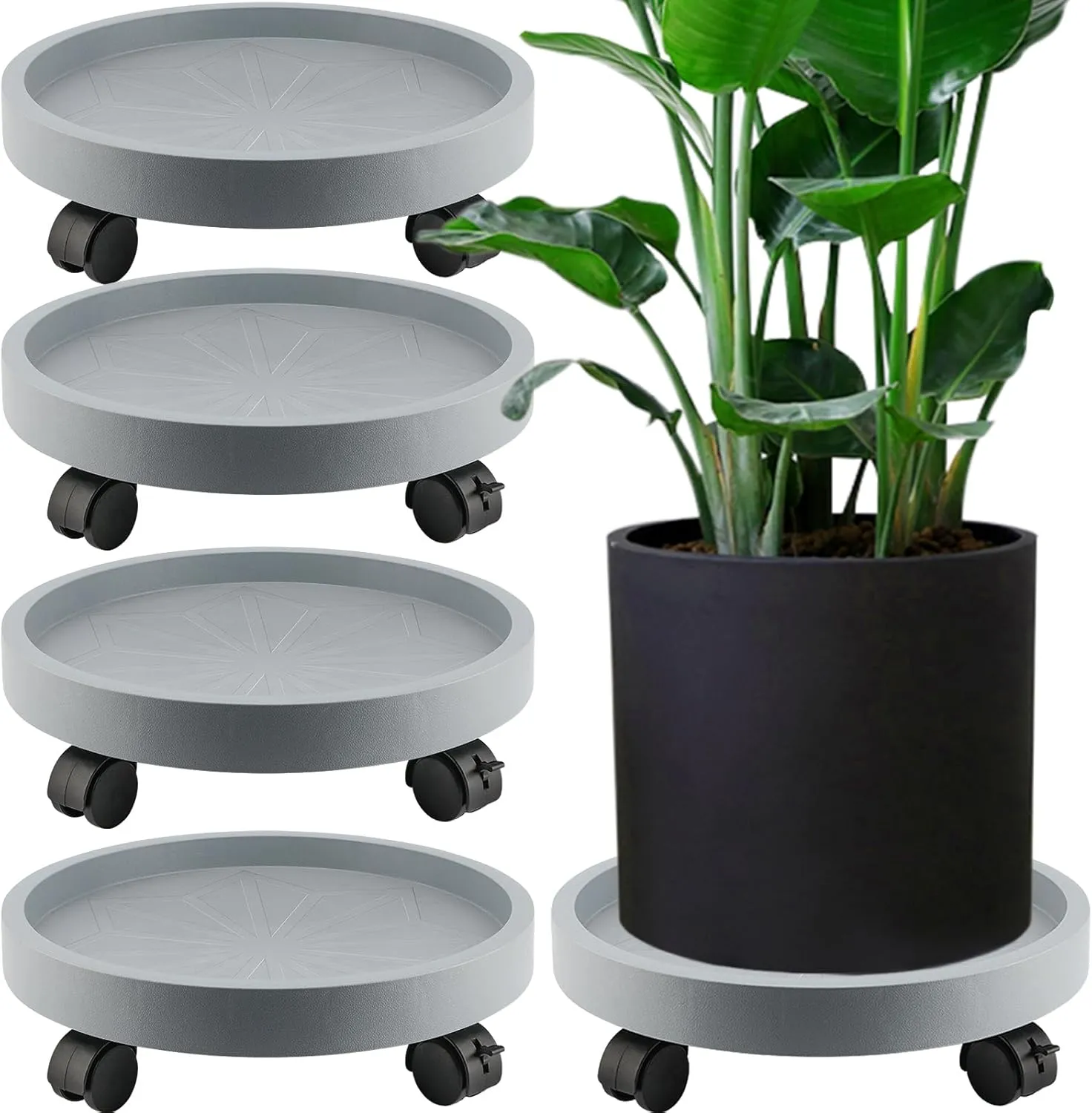 JOIKIT 4 Pack 13 Inch Round Plant Caddy with 4 Lockable Wheels, 132 Lbs Capacity Heavy Duty Rolling Plant Stand, Wheeled Planter Saucer Tray Trolley for 11.8 Inch Planter Pot Indoor Outdoor, Grey
