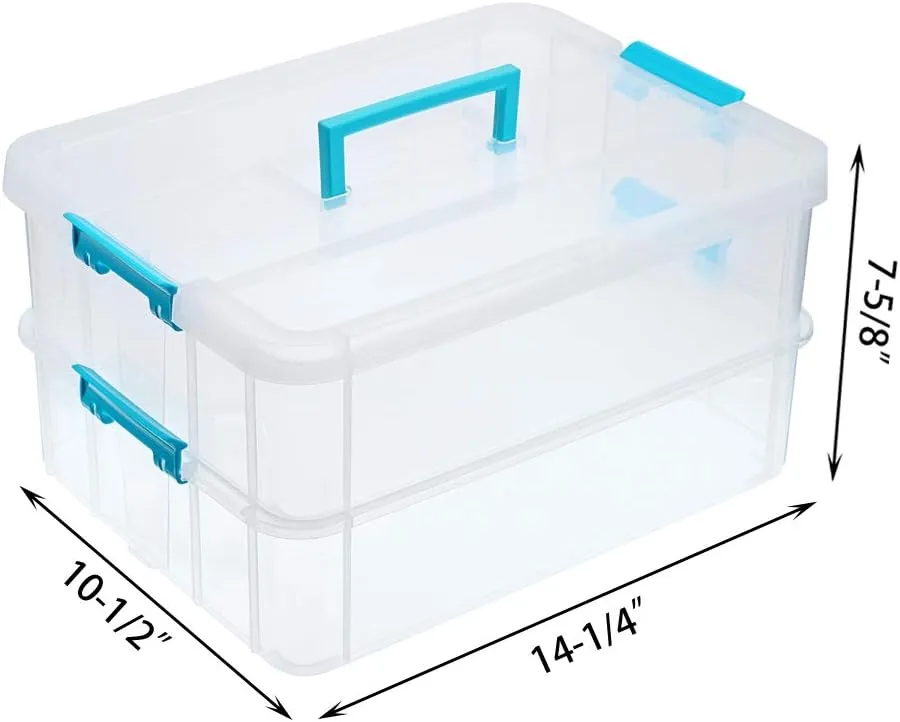 JUXYES 2-Tiers Stack Carry Storage Box With Handle, Transparent Stackable Storage Bin With Handle Lid Latching Storage Container for School & Office Supplies (Blue)