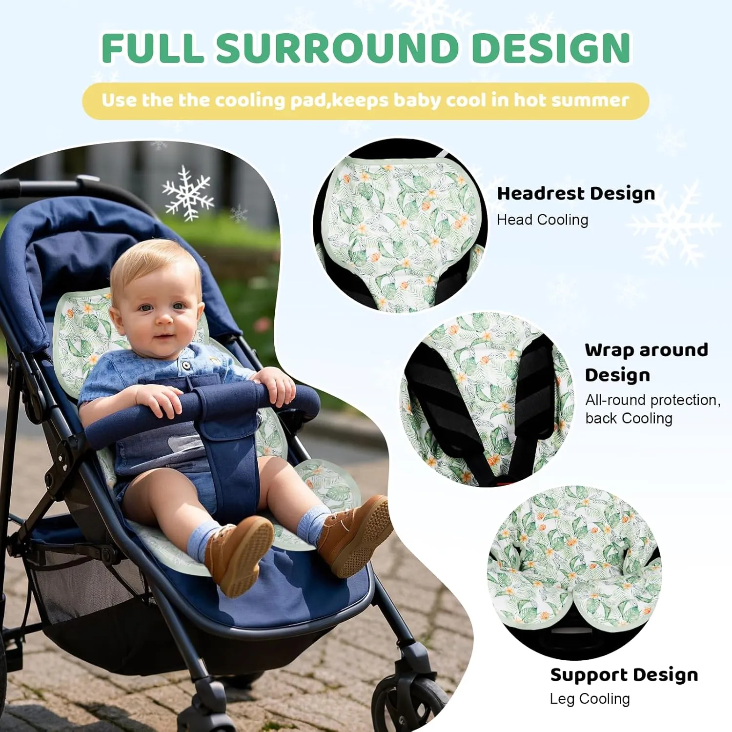 KAKIBLIN Baby Car Seat Cooling Pad,Universal Double Sided Ice Car Seat Cooler Pad for Baby Children and Kids,Durable Gel Babies Cooling Mat Cushion for Stroller,Chair,Keep Cool in Summer (Green Plant)