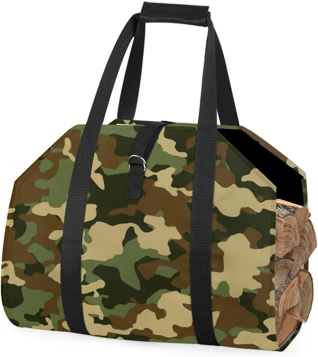 KAMICURE® Firewood Carrier Bag with Handles Wood Sling Carrier Canvas Waxed Large Firewood Holder Fire log Carrier Firewood Storage Bag Wood Hauler for firewood Outdoor Camouflage/Green (camouflage)