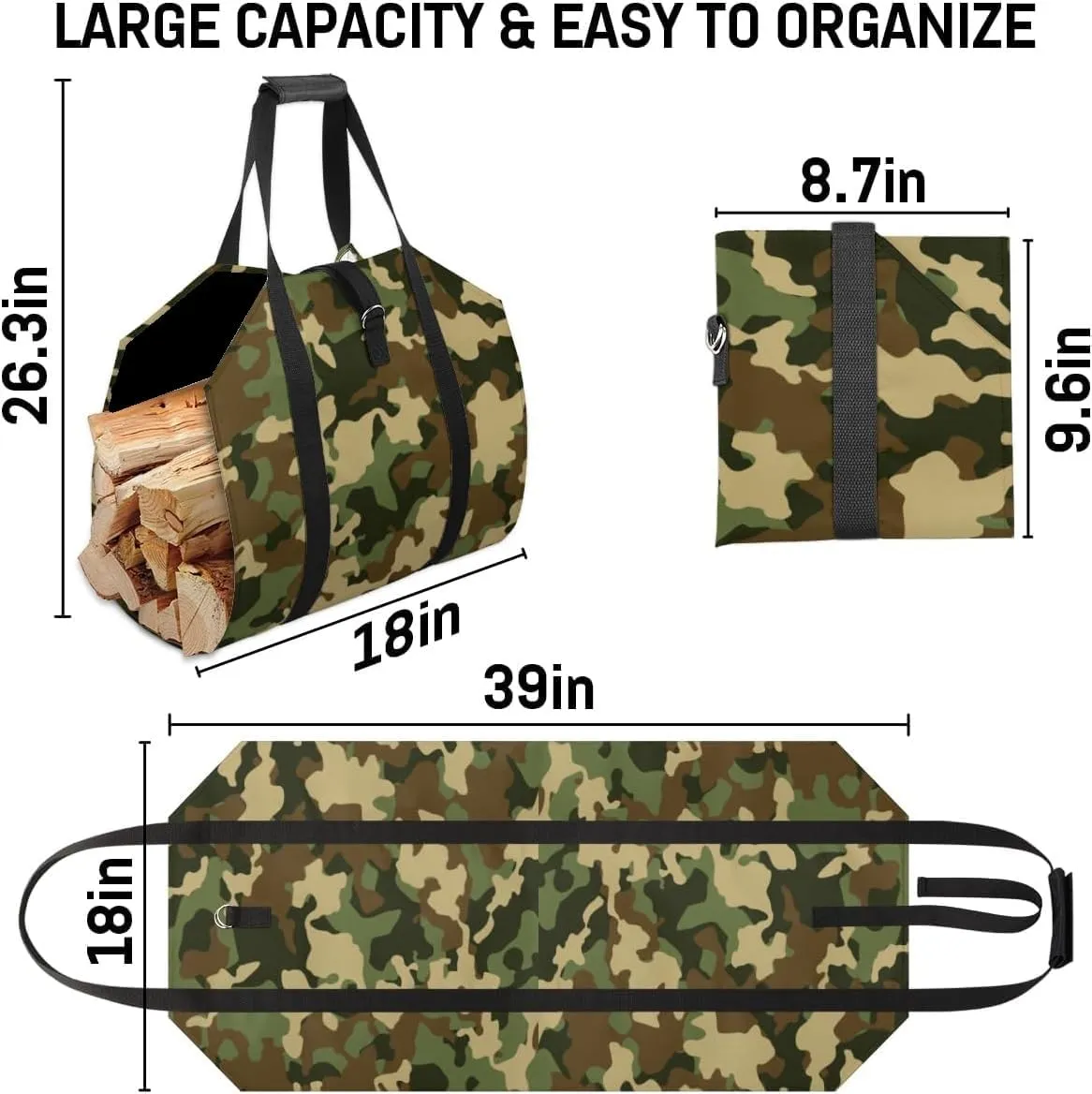 KAMICURE® Firewood Carrier Bag with Handles Wood Sling Carrier Canvas Waxed Large Firewood Holder Fire log Carrier Firewood Storage Bag Wood Hauler for firewood Outdoor Camouflage/Green (camouflage)