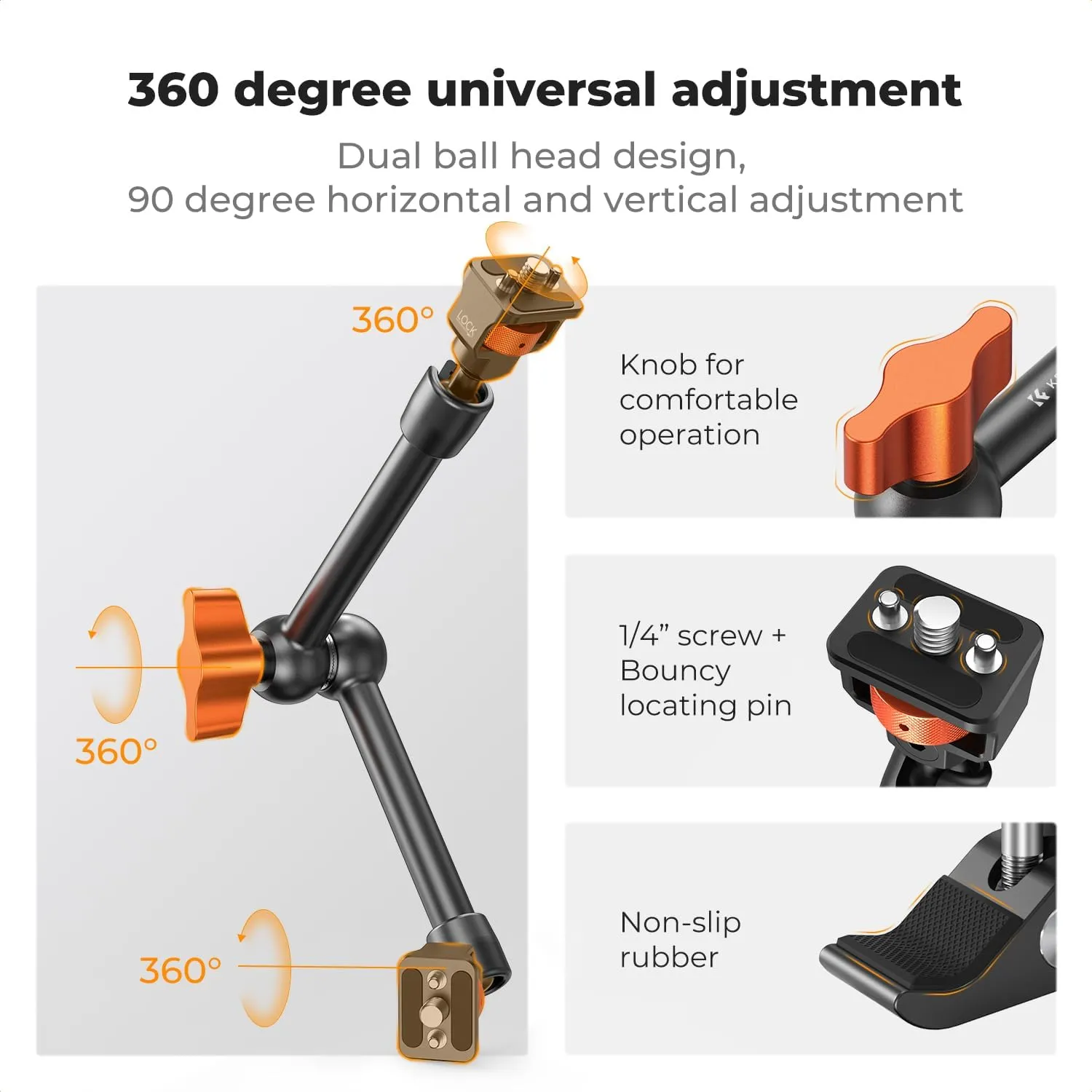 K&F Concept 11" Magic Arm with Super Clamp, Magic Arm Clamp Kit with 1/4" & 3/8" Thread Screw, Articulating Friction Arm with Cold Shoe Clamp Mount for Monitor, LED Light, Webcam, Action Camera