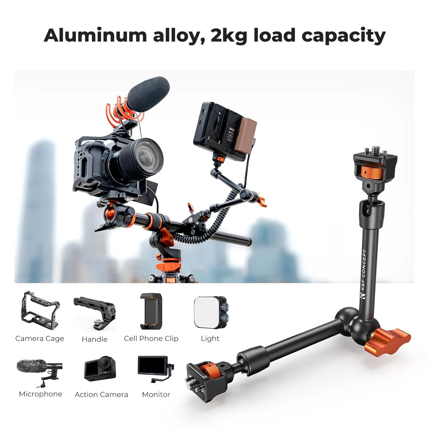 K&F Concept 11" Magic Arm with Super Clamp, Magic Arm Clamp Kit with 1/4" & 3/8" Thread Screw, Articulating Friction Arm with Cold Shoe Clamp Mount for Monitor, LED Light, Webcam, Action Camera