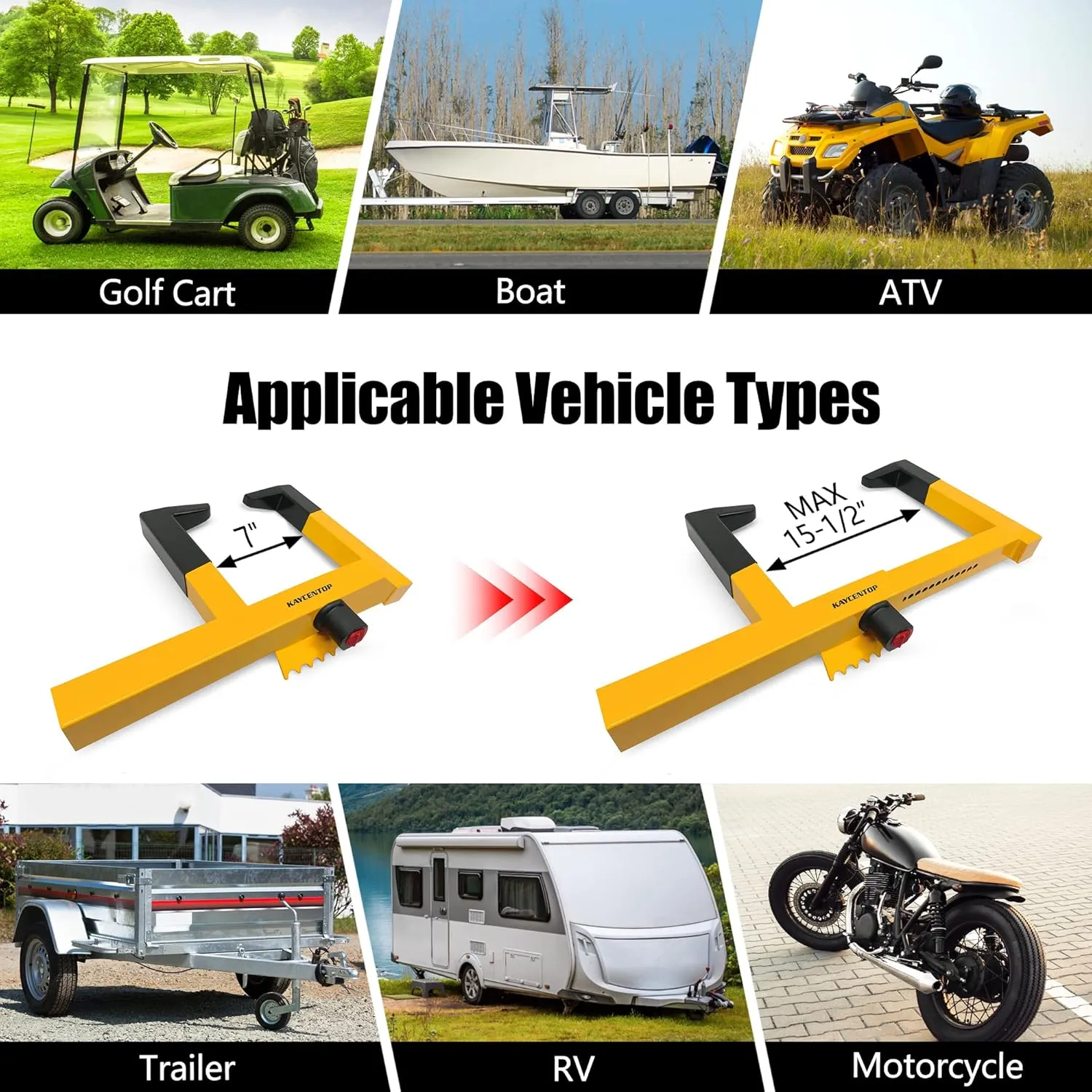 KAYCENTOP Wheel Lock Clamp Security Tire Lock Anti Theft for Max 15.5 inch Tire Width Universal Car Wheel Lock for Trailers SUV Boats Motorcycles Golf Cart Yellow/Black