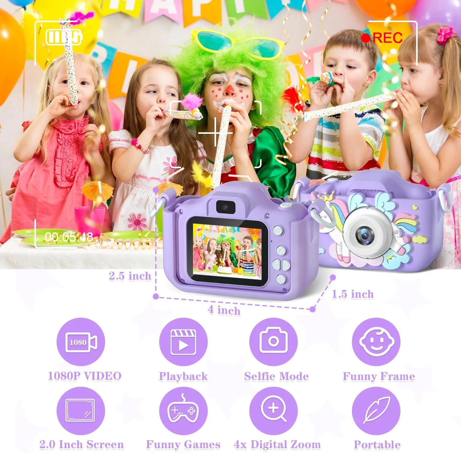 Kids Camera, Best Birthday for Girls/Boys Ages 3 4 5 6 7 8 9 10 11 12, Kids Digital Camera for Toddler with Video, Toy Camera for 3-12-Year-Olds Kids with 32GB Card - Purple