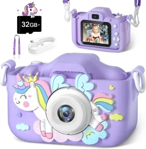 Kids Camera, Best Birthday for Girls/Boys Ages 3 4 5 6 7 8 9 10 11 12, Kids Digital Camera for Toddler with Video, Toy Camera for 3-12-Year-Olds Kids with 32GB Card - Purple