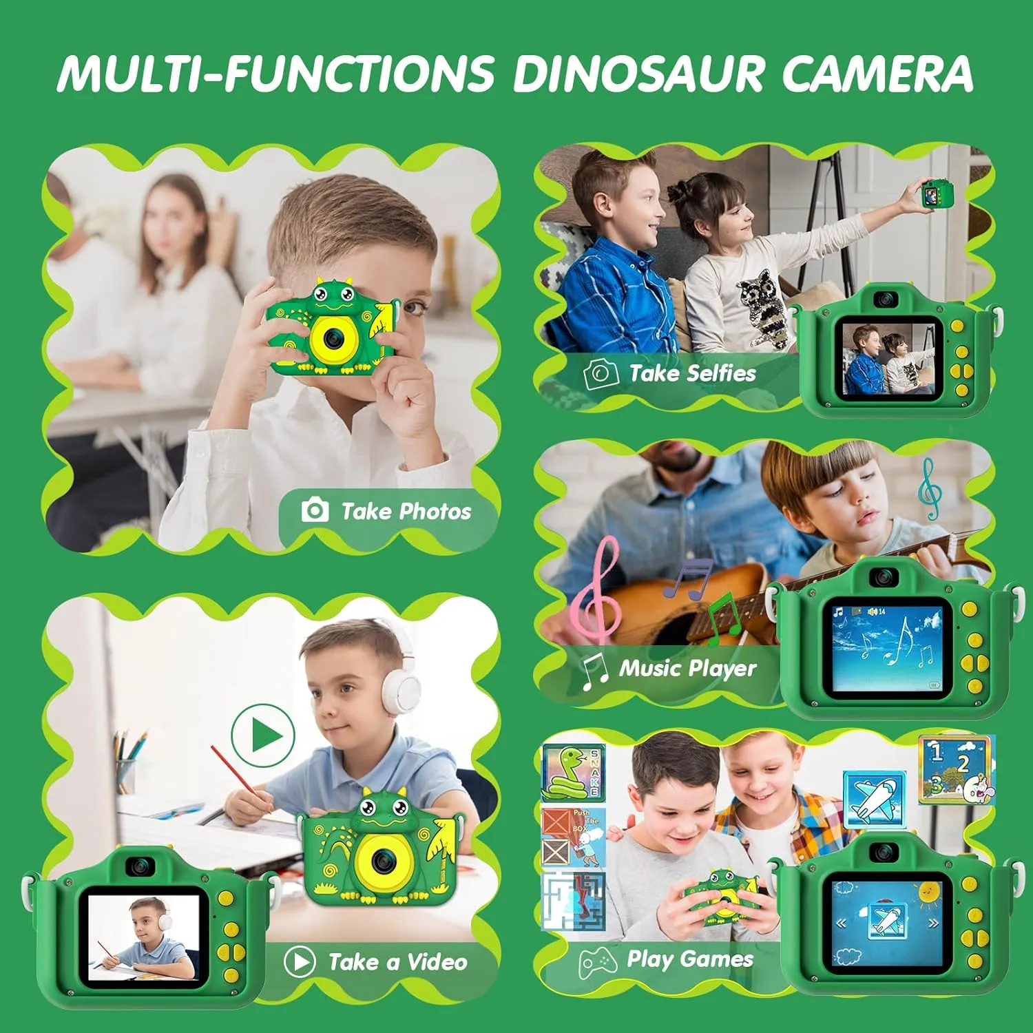 Kids Camera, Cartoon Dinosaur Selfie Digital Camera Toys for Kids, Christmas Birthday Gifts for Boys Girls Age 3 4 5 6 7 8 9 10 11 12 Years Old, 32GB SD Card Included