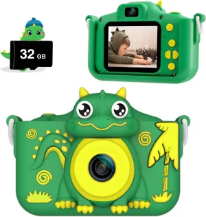 Kids Camera, Cartoon Dinosaur Selfie Digital Camera Toys for Kids, Christmas Birthday Gifts for Boys Girls Age 3 4 5 6 7 8 9 10 11 12 Years Old, 32GB SD Card Included