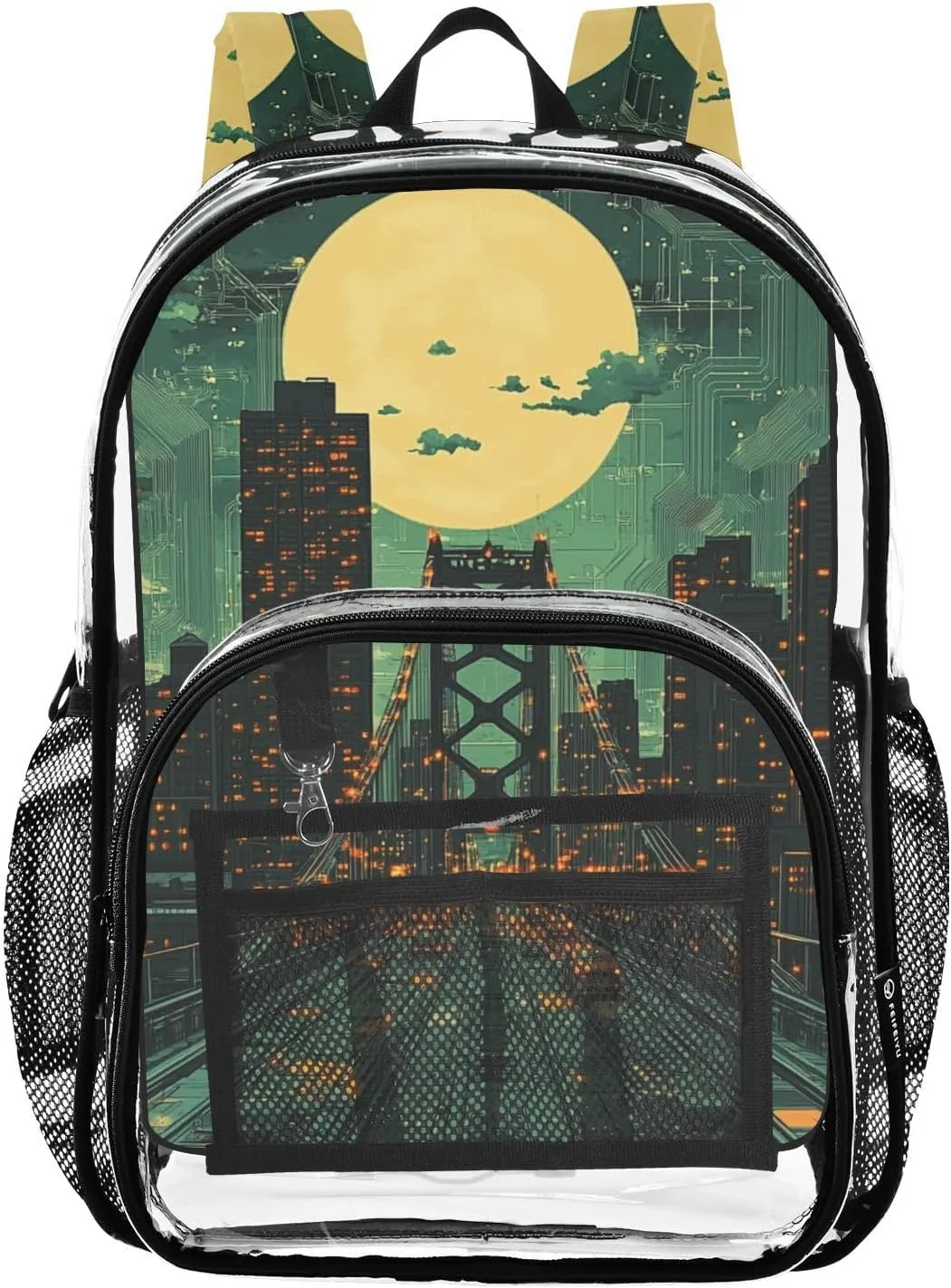 Kids PVC Clear Backpack Circuit Board Bridge Green Heavy Duty Multi-pockets Large Capacity Transparent See Through Bookbag for School Travel Sport Work