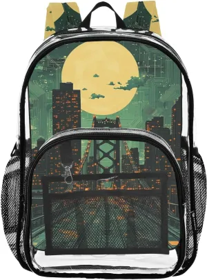 Kids PVC Clear Backpack Circuit Board Bridge Green Heavy Duty Multi-pockets Large Capacity Transparent See Through Bookbag for School Travel Sport Work