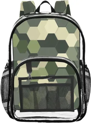 Kids PVC Clear Backpack Hexagonal Scales Green Heavy Duty Multi-pockets Large Capacity Transparent See Through Bookbag for School Travel Sport Work