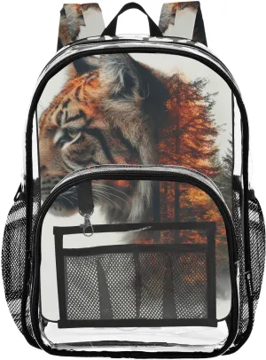Kids PVC Clear Backpack Tiger Double Exposure Heavy Duty Multi-pockets Large Capacity Transparent See Through Bookbag for School Travel Sport Work