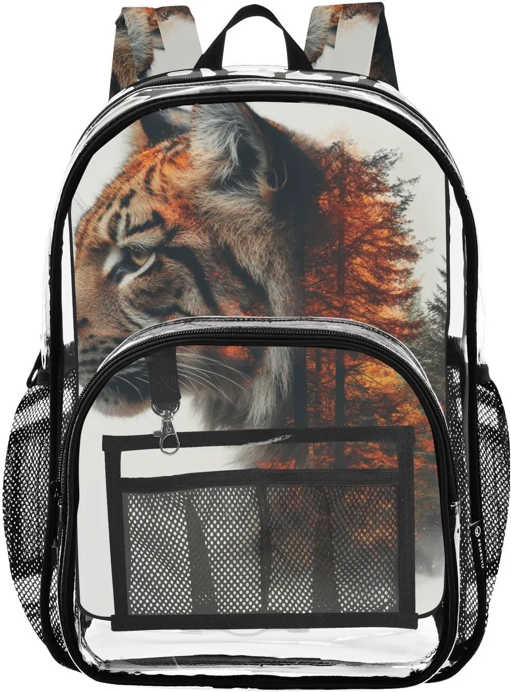 Kids PVC Clear Backpack Tiger Double Exposure Heavy Duty Multi-pockets Large Capacity Transparent See Through Bookbag for School Travel Sport Work