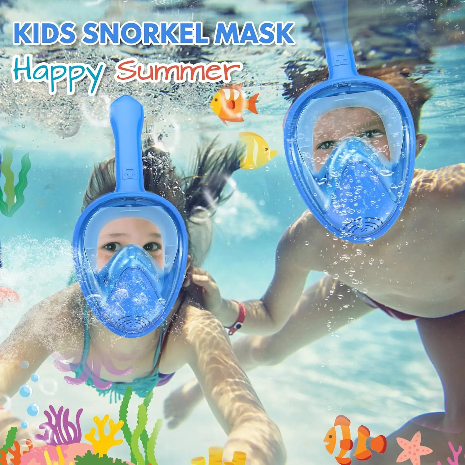 Kids Snorkel Mask Full Face, Snorkeling Gear for Kids 2-14 with Camera Mount, 180 Degree Panoramic View Snorkeling Set Anti-Fog Anti-Leak