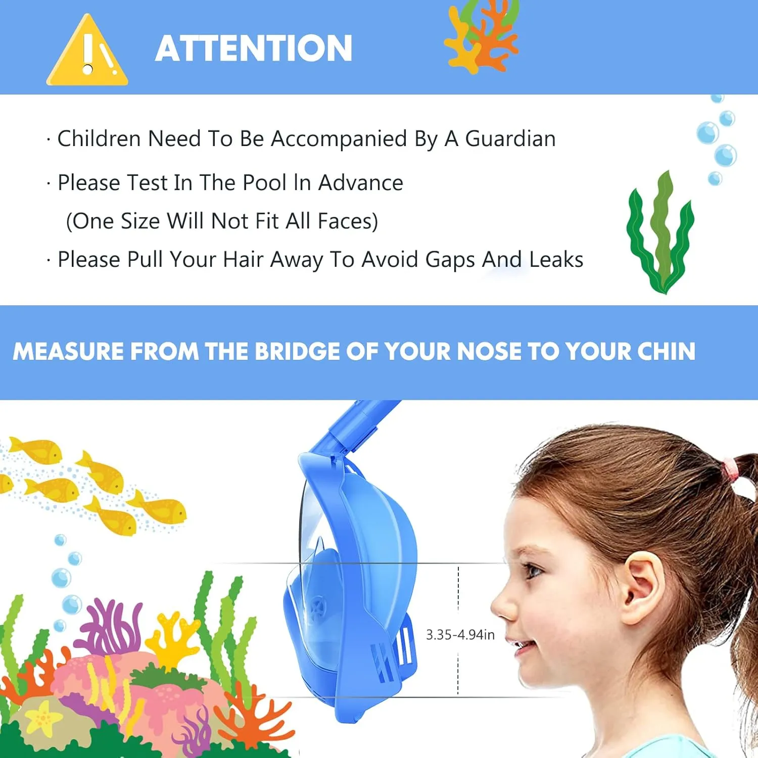 Kids Snorkel Mask Full Face, Snorkeling Gear for Kids 2-14 with Camera Mount, 180 Degree Panoramic View Snorkeling Set Anti-Fog Anti-Leak