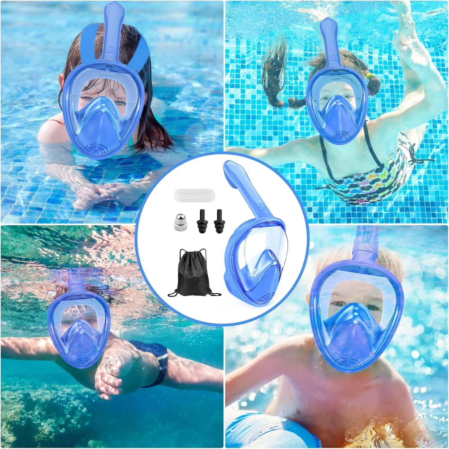 Kids Snorkel Mask Full Face, Snorkeling Gear for Kids 2-14 with Camera Mount, 180 Degree Panoramic View Snorkeling Set Anti-Fog Anti-Leak