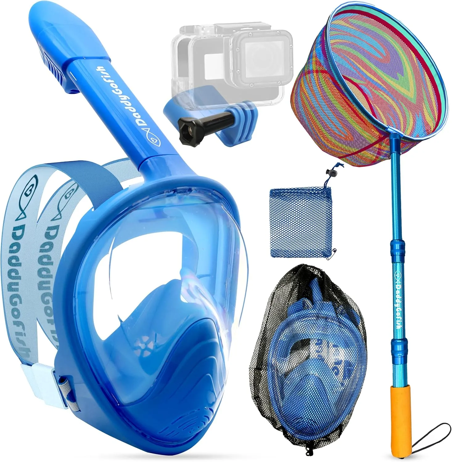Kids Snorkel Mask | Snorkle Snorkeling Gear with Camera Mount | Extendable Telescopic Landing Fishing Net & Snorkeling Mask Combo Set Anti-Fog Anti-Leak