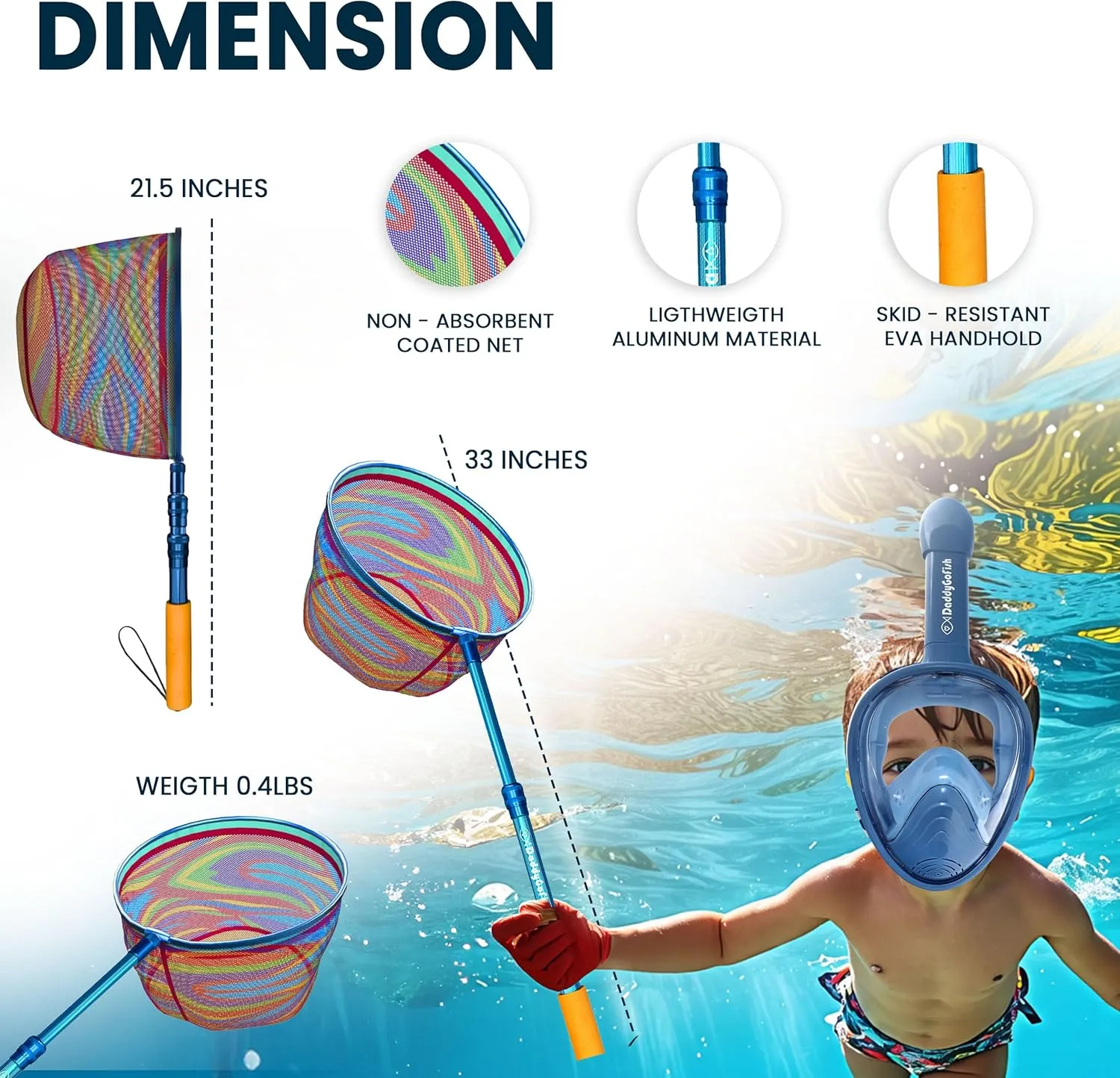 Kids Snorkel Mask | Snorkle Snorkeling Gear with Camera Mount | Extendable Telescopic Landing Fishing Net & Snorkeling Mask Combo Set Anti-Fog Anti-Leak