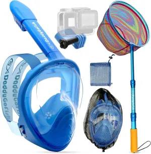 Kids Snorkel Mask | Snorkle Snorkeling Gear with Camera Mount | Extendable Telescopic Landing Fishing Net & Snorkeling Mask Combo Set Anti-Fog Anti-Leak