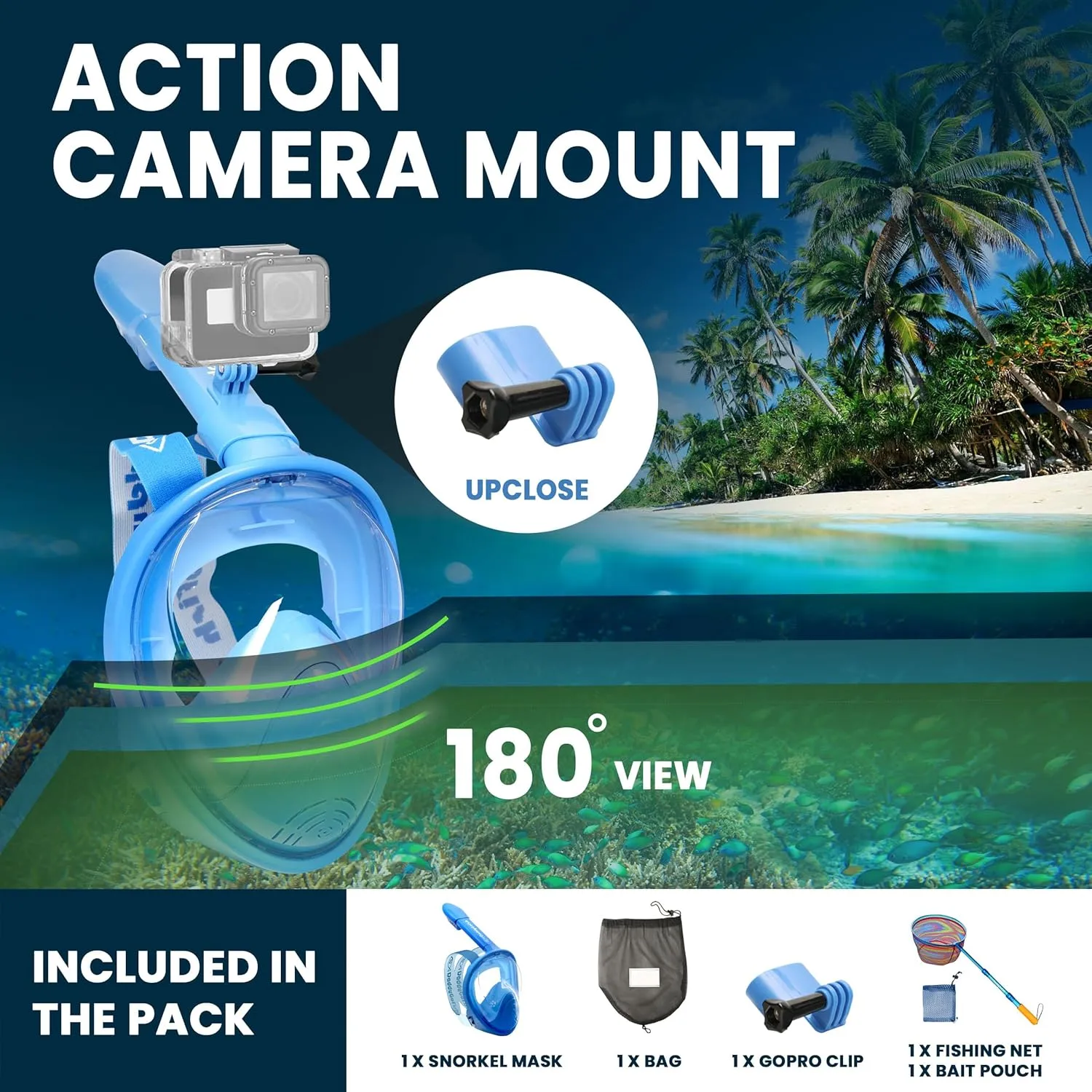 Kids Snorkel Mask | Snorkle Snorkeling Gear with Camera Mount | Extendable Telescopic Landing Fishing Net & Snorkeling Mask Combo Set Anti-Fog Anti-Leak