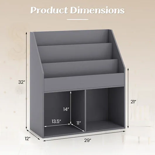 Kids Wooden Bookshelf Bookcase Children Toy Storage Cabinet Organizer-Gray - Col