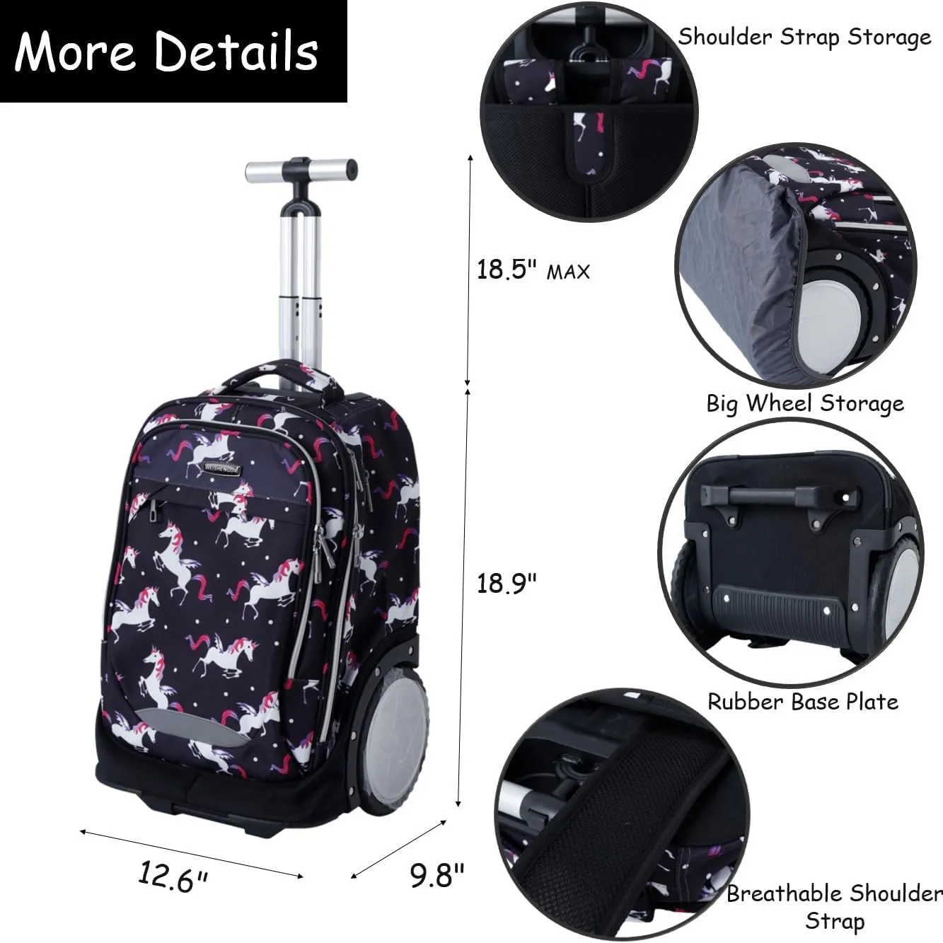 King Mills 18in Roller Backpack, Rolling Bookbag w. 7in Extra Large Wheel. Easy Convert Between Roller and Backpack. Ideal for Daily Use or Travel. Black Unicorn