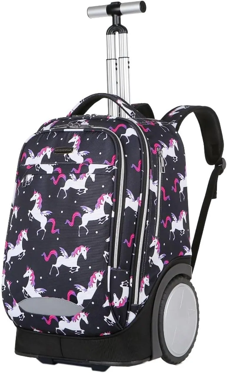 King Mills 18in Roller Backpack, Rolling Bookbag w. 7in Extra Large Wheel. Easy Convert Between Roller and Backpack. Ideal for Daily Use or Travel. Black Unicorn